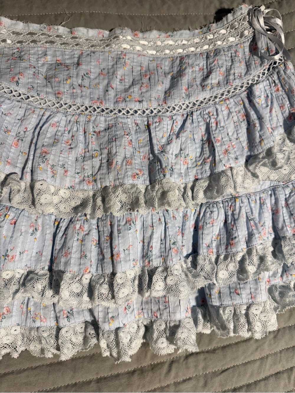 Love Shack Fancy Light Blue Floral Ruffled Mini Skirt - Picture 2 of 6